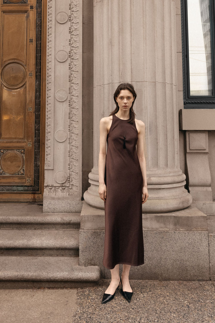 SLEEVELESS MIDI SATIN DRESS