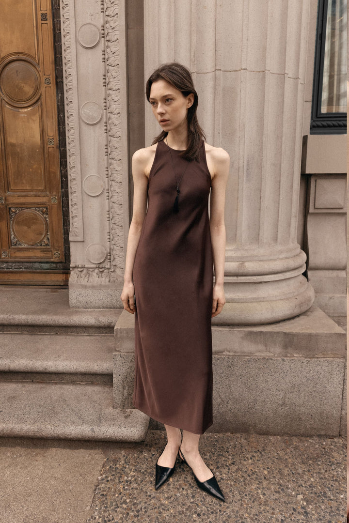 SLEEVELESS MIDI SATIN DRESS