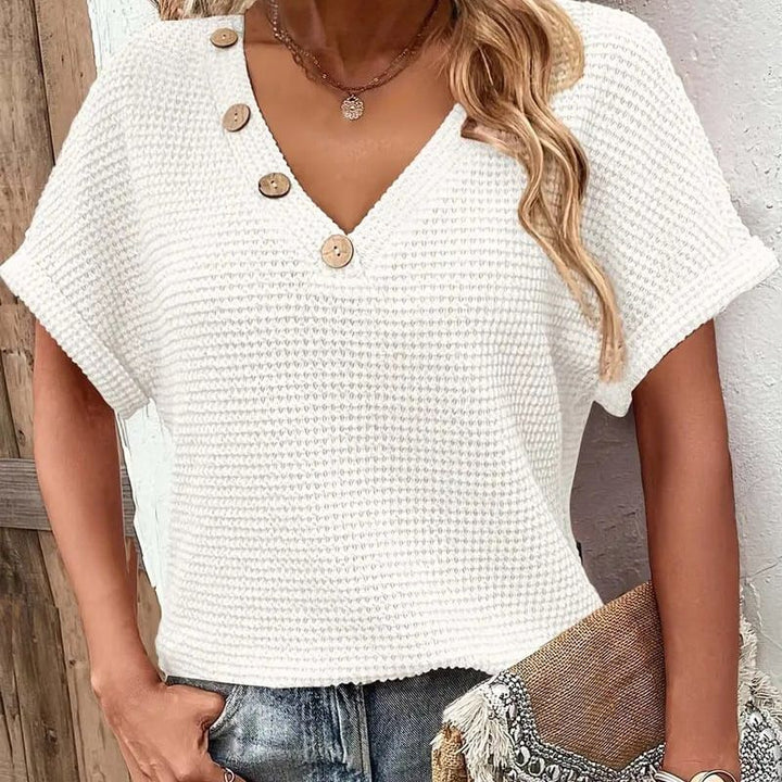 Adina - Elegant V-neck sweater with short sleeves and buttons