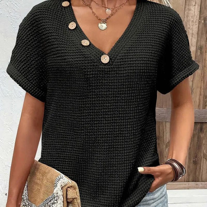 Adina - Elegant V-neck sweater with short sleeves and buttons